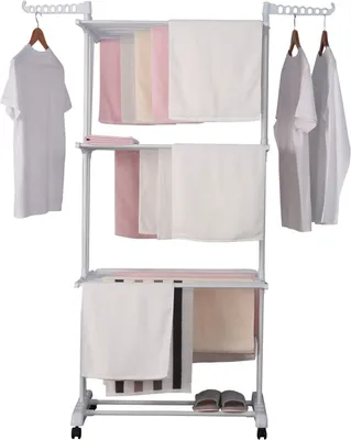 Produktbild von Turm‑Wäscheständer ca. 18 m Wäscheleine – 3 Ebenen, 6 Flügel, 24 Stangen, 2 Seitenflügel, mobil, klappbar für Innen & Außen, 76 x 64 x 170 cm