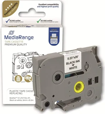 Productafbeelding van MediaRange MRBTZ211, labelband, vervangt Brother TZ-211/TZe-211, 6 mm, zwart op wit, 1 stuk.