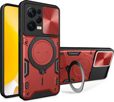 Produktbild von Handyhülle für Xiaomi Redmi Note 12 Pro 5G Dual-Layer Stoßfest Rüstung Hülle mit Dia Kameraschutz und Kreisförmig Ring Ständer Rot