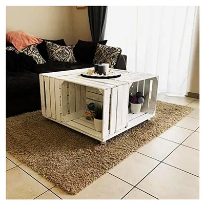 Produktbild von Couchtisch im Shabby Chic aus weißen Apfelkisten auf Rollen - Obstkistentisch ohne Glasplatte - 81x81x44cm