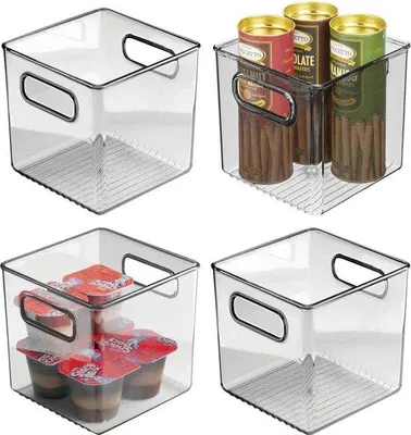 Produktbild von Unyqoos® 4er-Set Aufbewahrungsboxen mit Griff – stapelbare Küchen- und Kühlschrankboxen, transparent/grau, BPA-freier Kunststoff, 15,2×15,2×15,2 cm