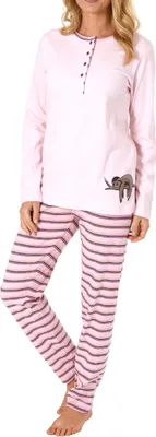 Produktbild von Damen Pyjama Schlafanzug, gestreifte Hose, niedliches Faultier Motiv - auch in Übergrösse ; rosa , 44
