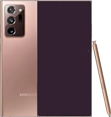 A rose gold Samsung Galaxy Note 20 Ultra 5G phone is shown from the back with its S Pen.