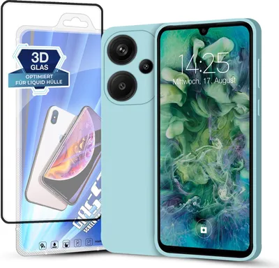 A light blue phone case and screen protector are displayed on a white background.