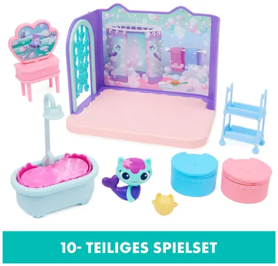 Produktbild von Gabby's Dollhouse DREAMWORKS - Deluxe Raum, Primp and Pamper Bathroom, Badezimmer mit Meerkätzchen (engl. MerCat), Möbelstücken und thematischem Zubehör, Puppenhaus Badezimmer, 3 Jahr(e)