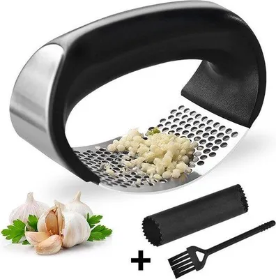 Produktbild von Knoblauchpresse, Knoblauchschneider, Knoblauchbrecher, ergonomischer Griff, Edelstahlmaterial, Geschirrspüler, mit Bürste und Silikonpeeler