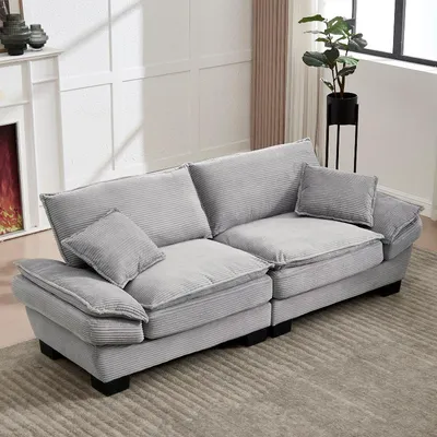 Obrázek produktu pro Moderní dvoumístná pohovka o rozměrech 224x81x81 cm v světlé šedé barvě, potažená sametem, s hlubokým sedákem, polstrovanými područkami a dvěma polštáři, vhodná do obývacího pokoje nebo kanceláře