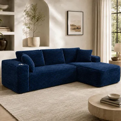 Image de HomeMiYN Canapé d’angle en L avec méridienne, canapé modulable en velours côtelé avec coussins, grand canapé salon confortable
