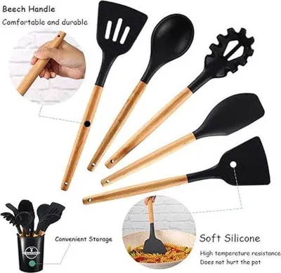 Produktbild von 11-teiliges Küchenutensilien-Set aus Holz und Silikon, hitzebeständig, kochgeschirrschonend, leicht zu reinigen