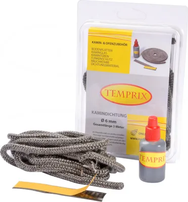 Produktbild von Temprix Kamindichtung & Ofendichtung Ø 6 mm - 3 Meter inkl. Kleber | feuerfeste Ofenschnur, Kaminschnur & Dichtband bis 650°C temperaturbeständig | Dichtung für Kamin, Ofen & Grill