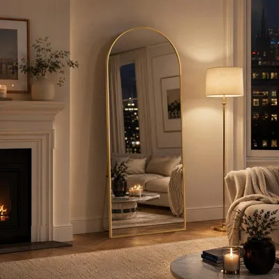 Immagine prodotto di UnboxG Specchio ad arco grande, 177x77 cm, color oro. Specchio a figura intera con cornice in alluminio. Elegante specchio da terra in vetro di sicurezza, utilizzabile sia da terra che a parete