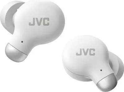 A pair of white JVC wireless earbuds.