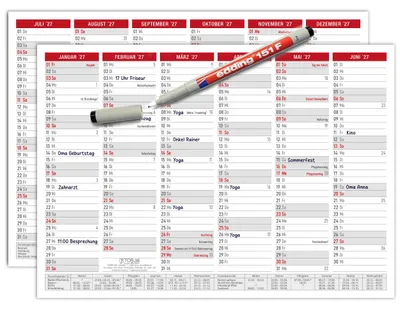 Produktbild von Tafelkalender 2027 abwischbar A4 Rot - Wandkalender mit Ferien, Feiertagen & KW inkl. 1 Stift