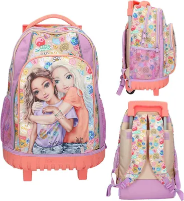 Produktbild von Depesche 13286 TOPModel Girl Power - Schulrucksack Trolley in Lila und Beige, mit Model Motiv und bunten Patches, Schultasche mit Teleskopgriff und Rollen