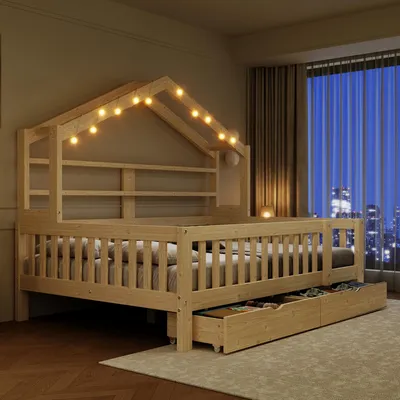 Productafbeelding van Bed met verhoging, 140x200 cm, met LED-verlichting, 2 lades en beschermroosters. Kinderbed van grenenhout en MDF met een dakstructuur, in natuurlijke kleur