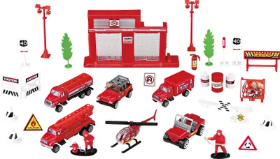Produktbild von Feuerwehr Station Spielset 31 Teile, Feuerwehrfahzeuge Löschfahrzeuge, Hubschrauber etc., aus Metall und Kunststoff