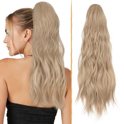Image de Queue de cheval synthétique ondulée, longueur 66 cm, extension de cheveux pour femmes, avec clips, mélange de couleurs blond et blond cendré