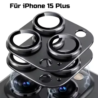 A close-up view of camera lens protectors for an iPhone 15 Plus.
