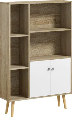 Image de HOMCOM Bibliothèque scandinave meuble de rangement dim. 80L x 23,5l x 123H cm 5 niches placard 2 portes pieds effilés inclinés bois massif Chêne
