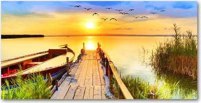 Produktbild von Tulup Glas-Bild -140x70- Wandkunst Dekorative Wand für Küche & Wohnzimmer - Landschaften - Boot und Pier - Gelb