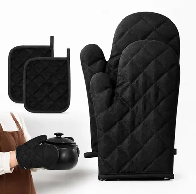 Produktbild von 2 Stück Ofenhandschuhe mit 2 Topflappen, hitzebeständig bis 230°C, rutschfest für Kochen, Backen und Grillen, Schwarz