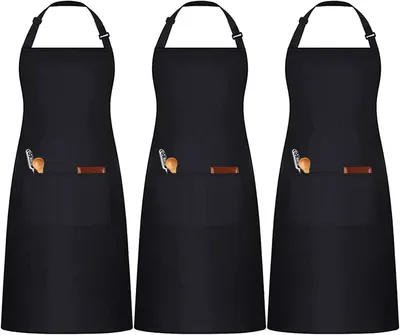 Produktbild von 3 Stück Schwarze Kochschürzen, Verstellbare Küchenschürzen mit 3 Taschen für Herren und Damen, Arbeits-Schürzen für Gastronomie, Friseure und Baristas