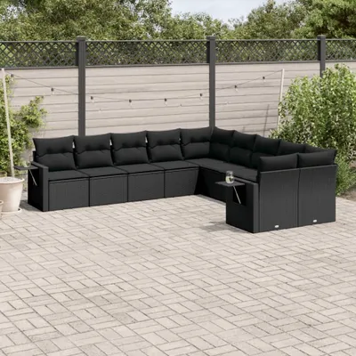 Produktbild von Design 10-tlg. Garten-Sofagarnitur mit Kissen Schwarz Poly Rattan, Gartenmöbel-Sets 2024 Neu