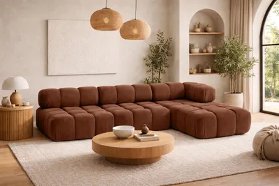 Image de Canapé d'angle forme en L modulaire, tissu velours Salvador, brun foncé, ? droite, Selia