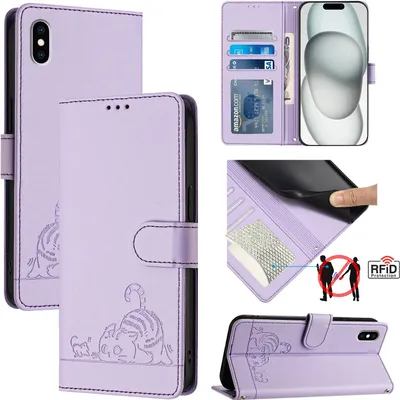 Produktbild von Leder Hülle für iPhone XS Max Süße Katze Flip Case Brieftasche Schutzhülle mit Standfunktion Lila