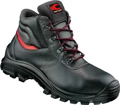 A single black work boot with red accents and laces, shown against a white background.