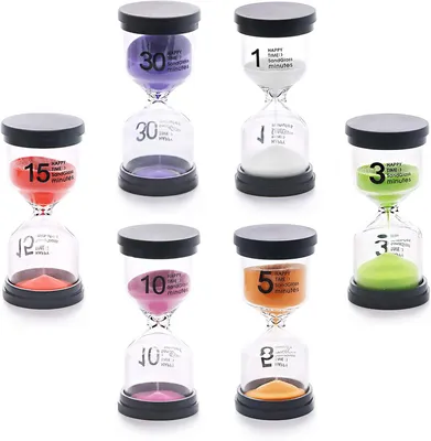 Produktbild von Sanduhr Set 6 Stück, 1-30 Minuten, verschiedene Farben, für Zuhause und Büro