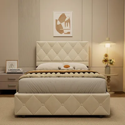Obrázek produktu pro okwish Dětská postel 90×200 s úložným prostorem a čelem s knoflíkovým prošíváním, čalouněná postel s roštem, jednolůžko béžové,bez matrace