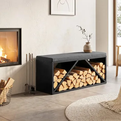 Produktbild von Peviasot Kaminholzregal mit Sitzbank und 4 cm Polster, Brennholzständer aus schwarzem Metall für Innen, 102 × 35 × 40 cm