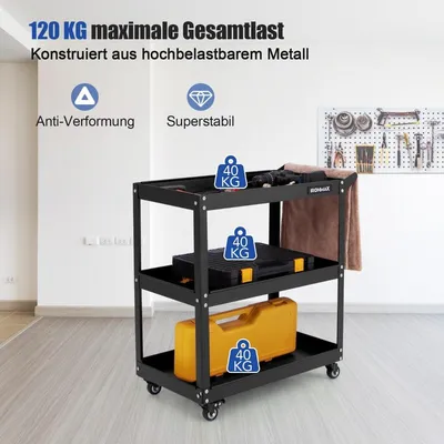 Zdjęcie produktu dla Wózek warsztatowy 3-poziomowy wózek warsztatowy z 4 uniwersalnymi kołami i uchwytem 73 x 36 x 75 cm czarny