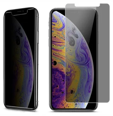 Two iPhones are shown side-by-side, one with a privacy screen protector applied and the other without.