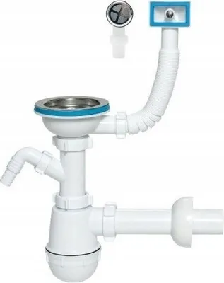 A white sink siphon with a flexible hose and overflow connection, shown against a white background.