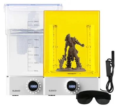 Two Elegoo 3D printing cleaning and curing stations are shown side-by-side.