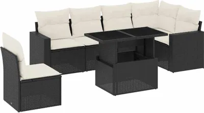 Obrázek produktu pro vidaXL 7dílná zahradní sedací souprava s polštáři z černého polyratanu