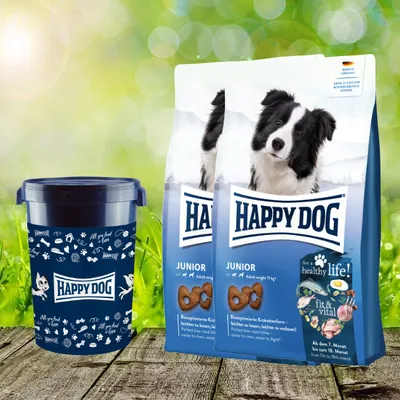 Produktbild von Happy Dog fit & vital Junior 2 x 10 kg + Happy Dog Futtertonne 43 Liter geschenkt