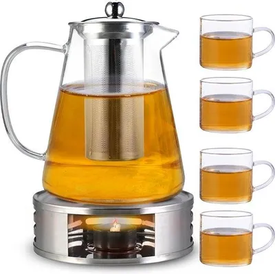 Produktbild von Gläserner Teebecher mit Sieb und Wärmer, Gläserner Teebecher, Teesatz aus Borosilicatglas, 1200 ml + 4 x 120 ml Gläserne Teekannen, Tee-Set und Teetasse, bleibt lange warm