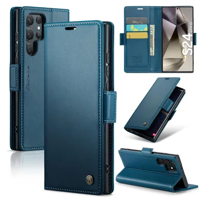 Immagine prodotto di Custodia per Samsung Galaxy S24 Ultra, carta di blocco RFID, custodia in pelle avanzata con funzione di supporto Blu