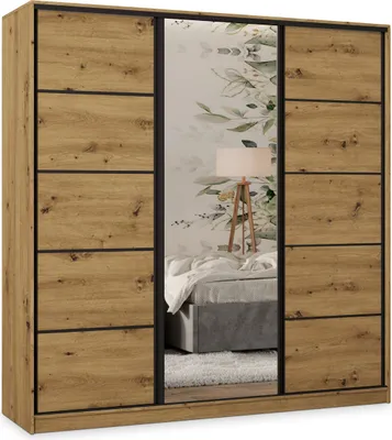 Produktbild von Masseno Schiebetürenschrank PINA 200/205/58 cm Kleiderschrank mit 4 Schubladen Schlafzimmer Schrank 3-türig mit Spiegel Eiche Artisan