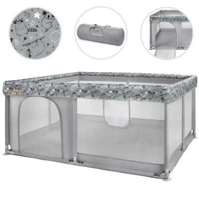 Produktbild von Kidwel FANKO ART 130x130 cm Baby Laufstall, Laufgitter Baby Krabbelgitter für Kleinkinder mit Atmungsaktivem Netz, Reißverschluss, Tasche, Grau