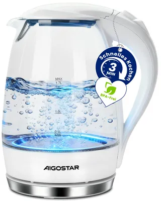 Produktbild von Aigostar Elektrischer Glas Wasserkocher mit LED-Beleuchtung, 2200 Watt, 1,7 Liter, kochtrocknender Schutz, BPA-frei, weiß