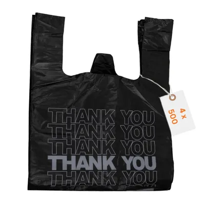 Produktbild von RyanPack Hemdchen-Tragetaschen MDPE 28+14x48 cm Schwarz 15µ – 2000 Stück (4x500) – Thank You T-Shirt Bags