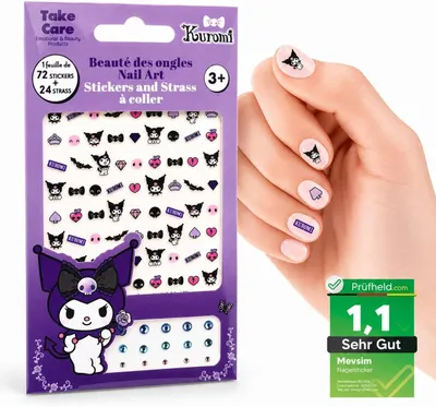 Produktbild von Kuromi Nagelsticker Set – 72 Sticker + 24 Steinchen – Offiziell Lizenziert