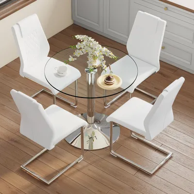 Produktbild von Esstisch-Set mit 4 PolyurethanStühlen 85 cm Durchmesser Glas-Tisch Silberbeine Weiß