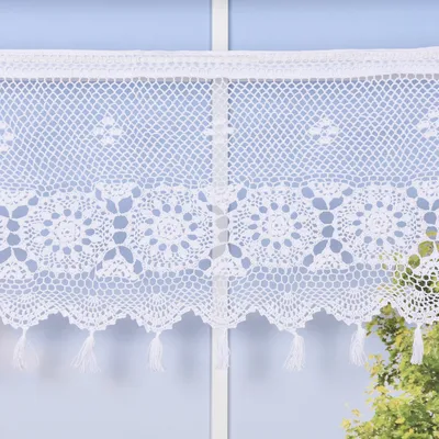 Produktbild von Häkelspitze Häkelgardine Panneaux Meterware Boho Mandalablume mit Tunneldurchzug weiß 45cm Höhe