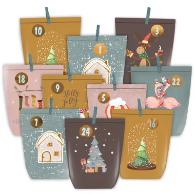Productafbeelding van Adventskalender om zelf te vullen - 24 papieren zakjes met cijferstickers - Knutselset voor een kerstkalender