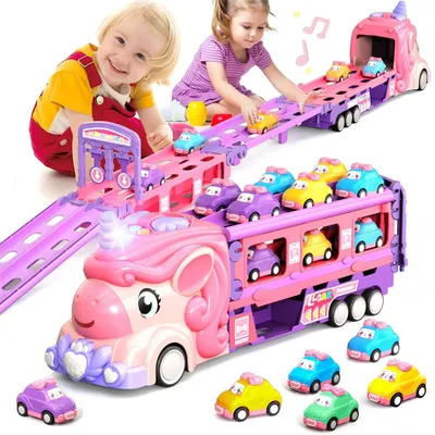 Produktbild von Transport Truck Spielzeug ab 3 4 5 6 Jahre, 157cm Faltbare Autorennbahn Spielzeugauto mit 6 Rennautos, Tragbares Transporter Spielset Auto Spielzeug Geschenk fuer Jungen Kinder Maedchen,Rosa